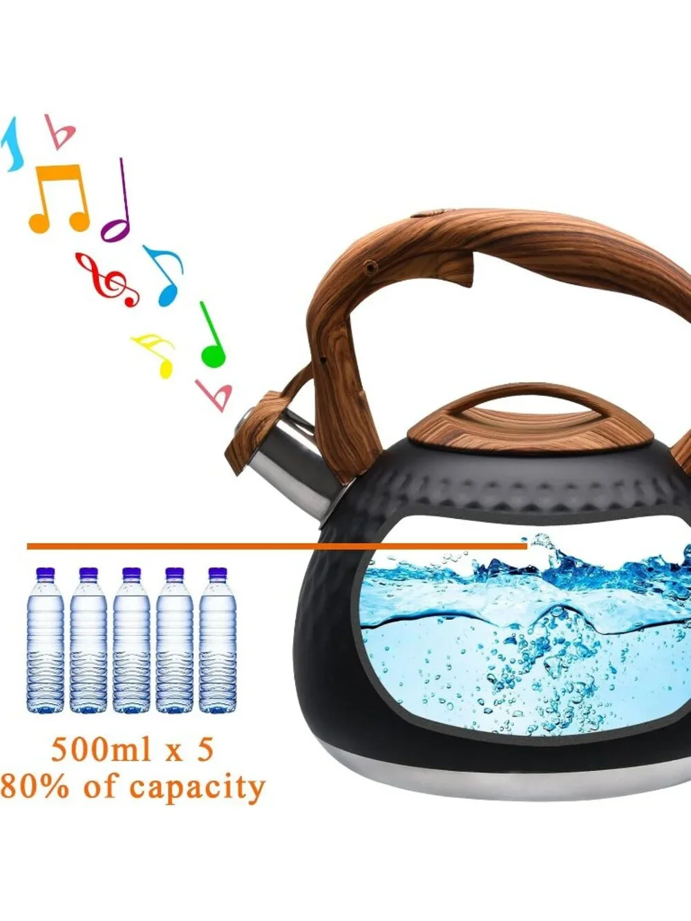 Kitchen Black Boiling Water Coffee or Milk Wood Pattern Handle Tea Kettle